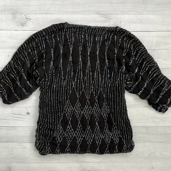 1980s Vintage Sequined Beaded Silk Short Sleeve Black Top S - Picture 5 of 5